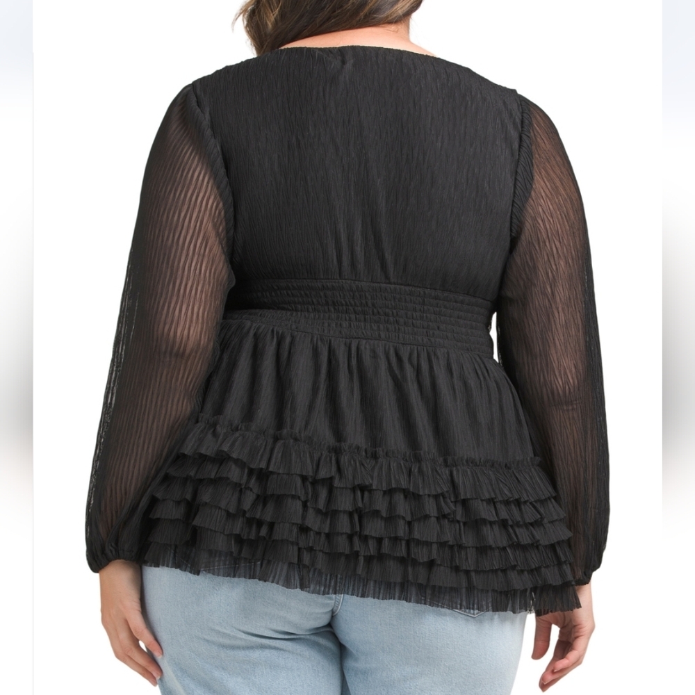 US Together Plus Black Mesh Ruffle Blouse - Picture 2 of 2